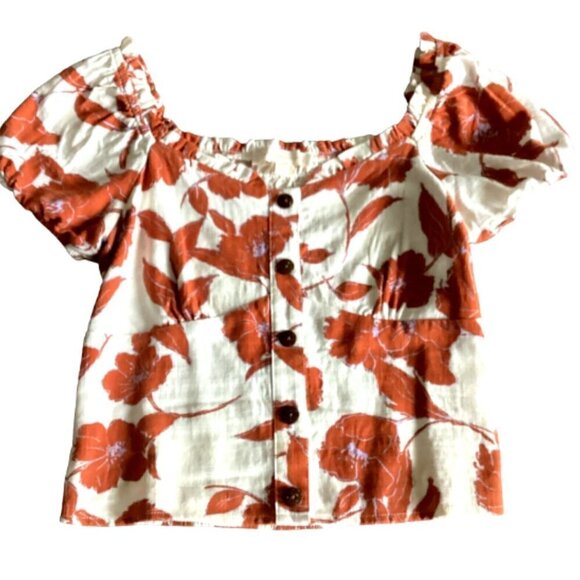 Monteau LA Sz S Cropped Off Shoulder Linen Blend Floral Top Smock Back Top 88N - Picture 1 of 9